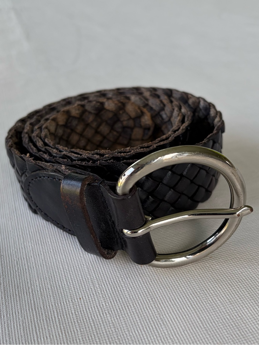 Talbots Woven Leather Belt Black Braided Silver Brass Buckle Western Boho Size S
